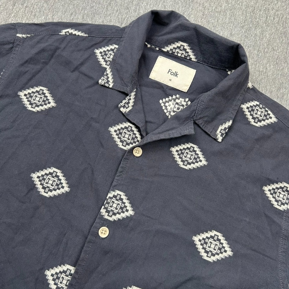 Folk Button Up Short Sleeve Camp Shirt Mens Medium Blue Geometric